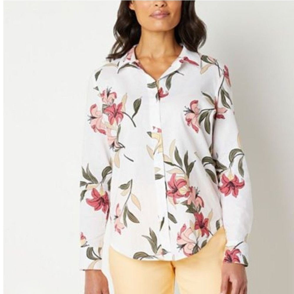 Liz Claiborne Womens XL Linen Blend Floral Button Blouse White Pink Lightweight